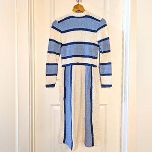 Vtg 60s Hand Knitted Blue and White Striped Midi Dress